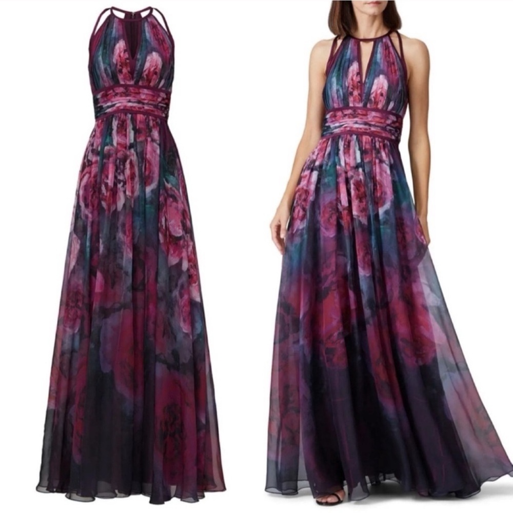 Marchesa Notte Plum Floral Print Chiffon Gown Maxi Dress in Size 10 - Picture 2 of 9